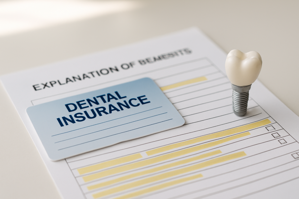 Does Dental Insurance Cover Implants in Arizona? What to Actually Expect 1 Dental insurance card and explanation of benefits document beside a dental implant model on a white surface