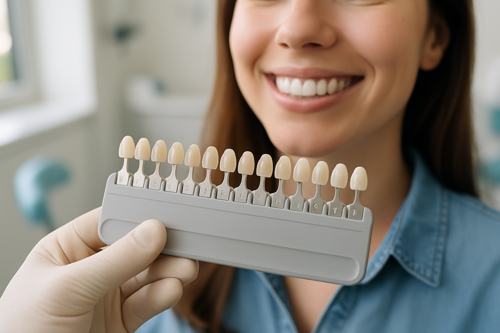 How to Know If a Cosmetic Result Will Look Natural Before You Commit 7 Dentist holding a ceramic shade guide next to a patient's smile during a consultation in Scottsdale