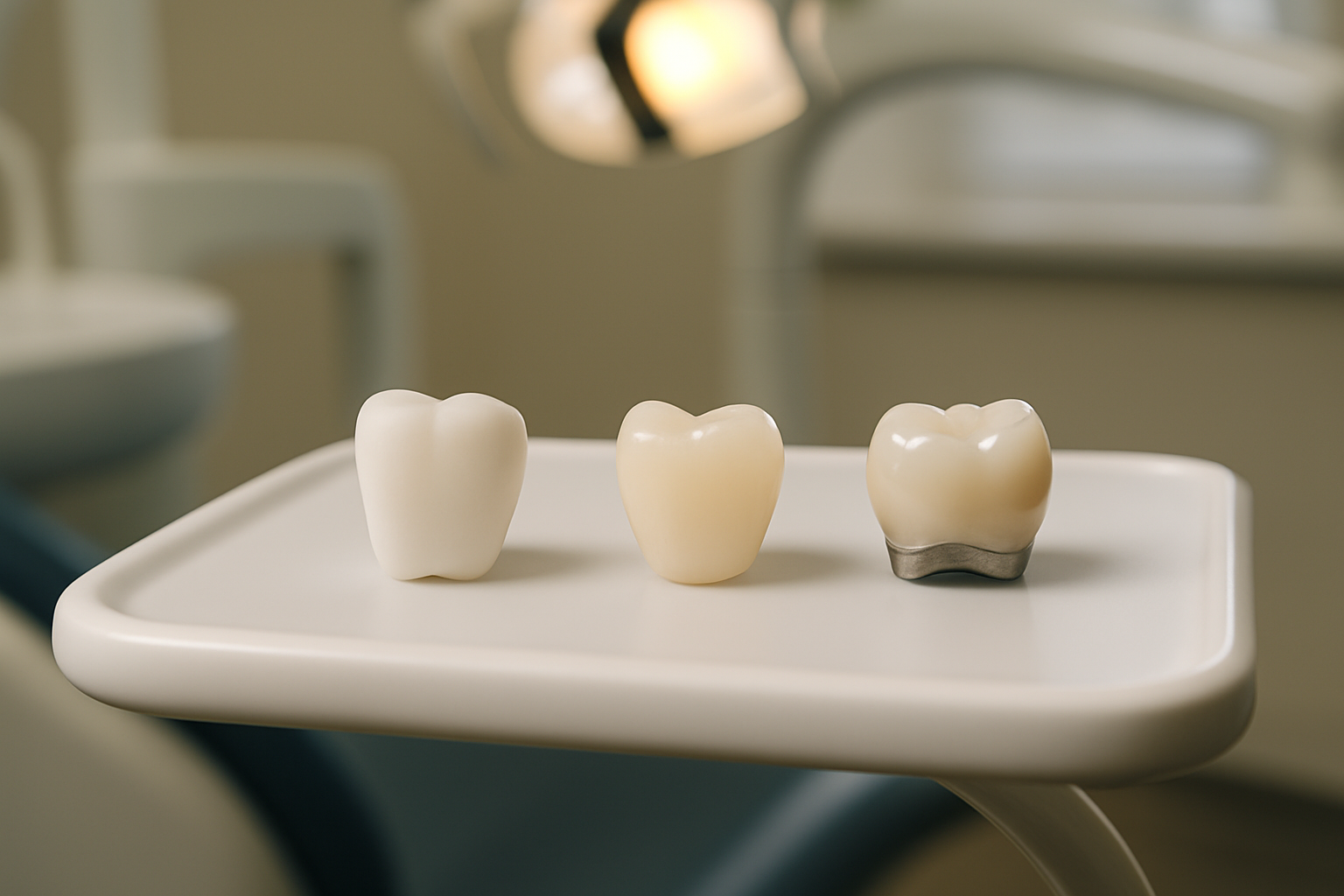 Three displayed side by side on a tray, zirconia, all-ceramic, and porcelain-fused-to-metal