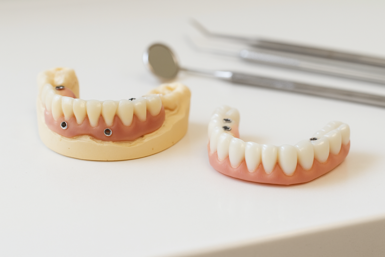 The Temporary Teeth Phase of All-on-4: What No One Explains Upfront 1 Temporary and permanent All-on-4 dental arches side by side on a dental lab counter