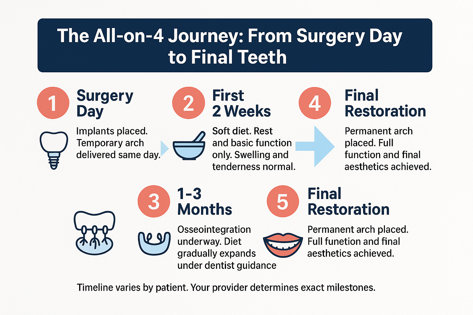 The Temporary Teeth Phase of All-on-4: What No One Explains Upfront 2 Infographic showing the five stages of the All-on-4 process from surgery day through permanent arch placement