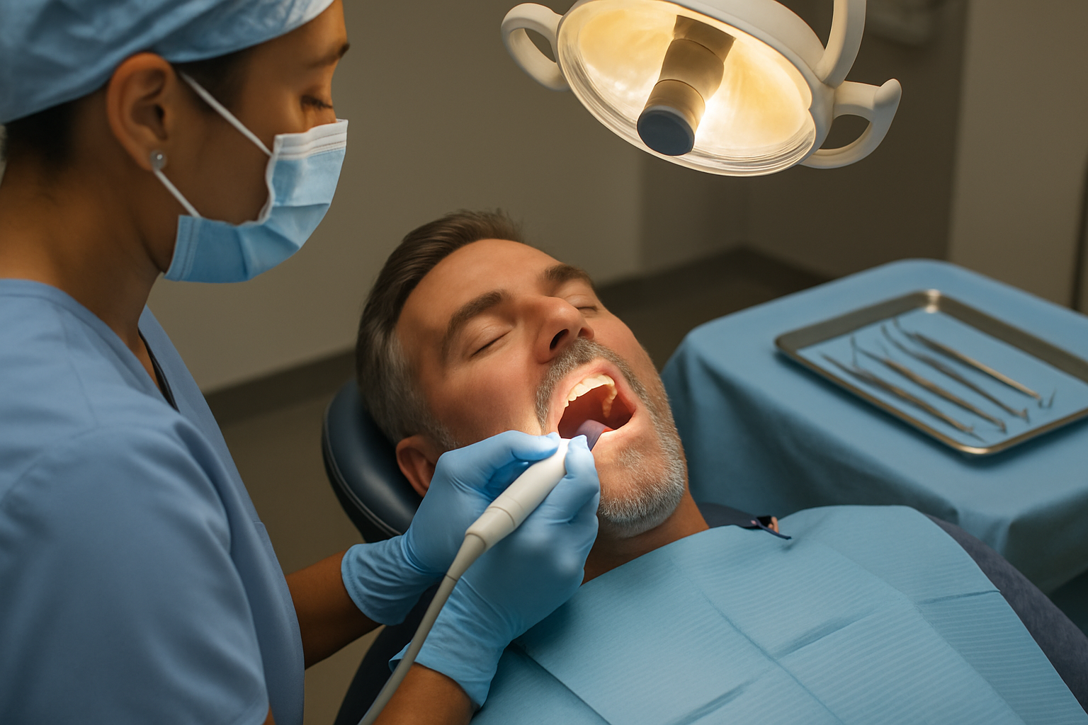 Dental hygienist performing a professional teeth cleaning during a dental exam appointment