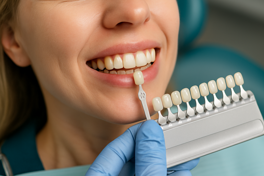 Will Teeth Whitening Work If You Already Have Crowns or Fillings? 4 Dental shade guide held next to front teeth showing color difference between a natural tooth and a crown restoration.