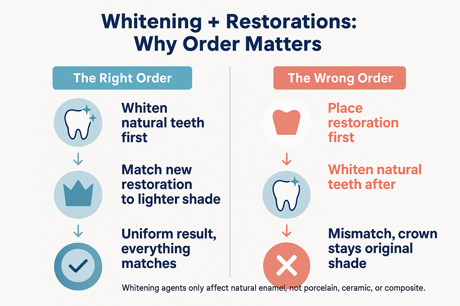 Infographic showing correct and incorrect sequencing of and dental restorations like crowns and fillings.