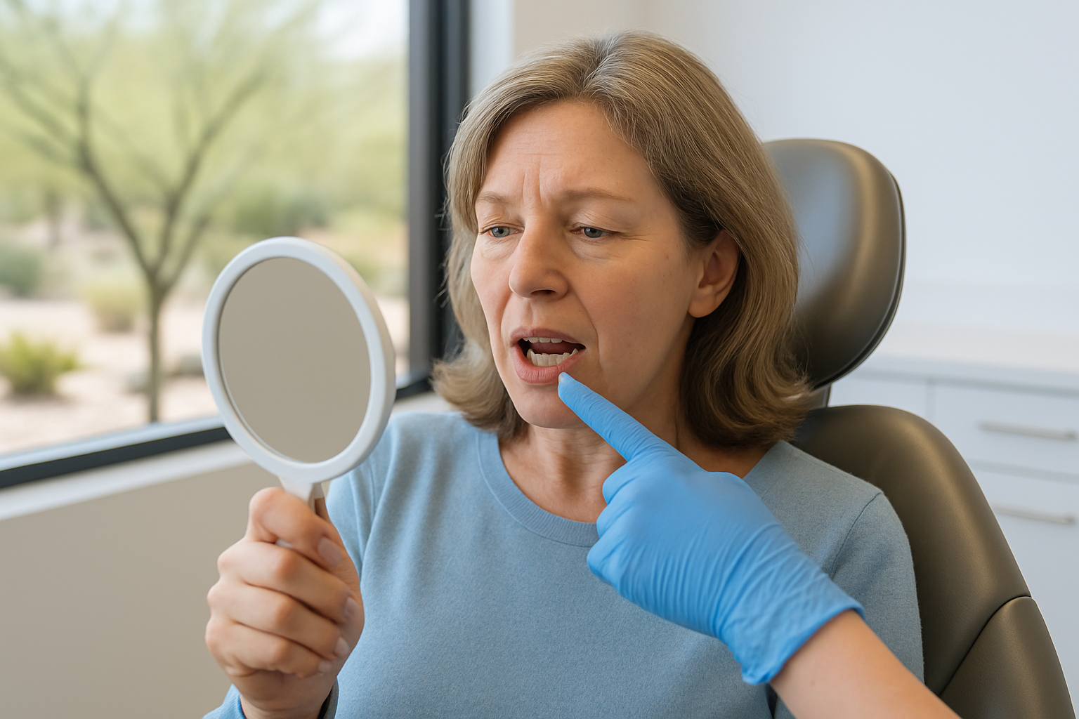 Your Gums Affect More Than Your Mouth. What Scottsdale Patients Should Know. 1 Patient holding a hand mirror while a dental team member points to her gum line during an exam