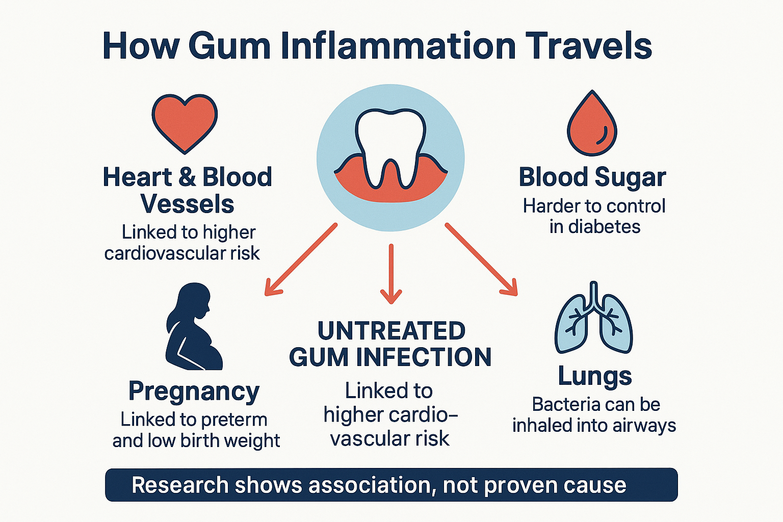 Your Gums Affect More Than Your Mouth. What Scottsdale Patients Should Know. 2 Infographic showing how untreated gum infection links to heart, blood sugar, pregnancy, and lung health