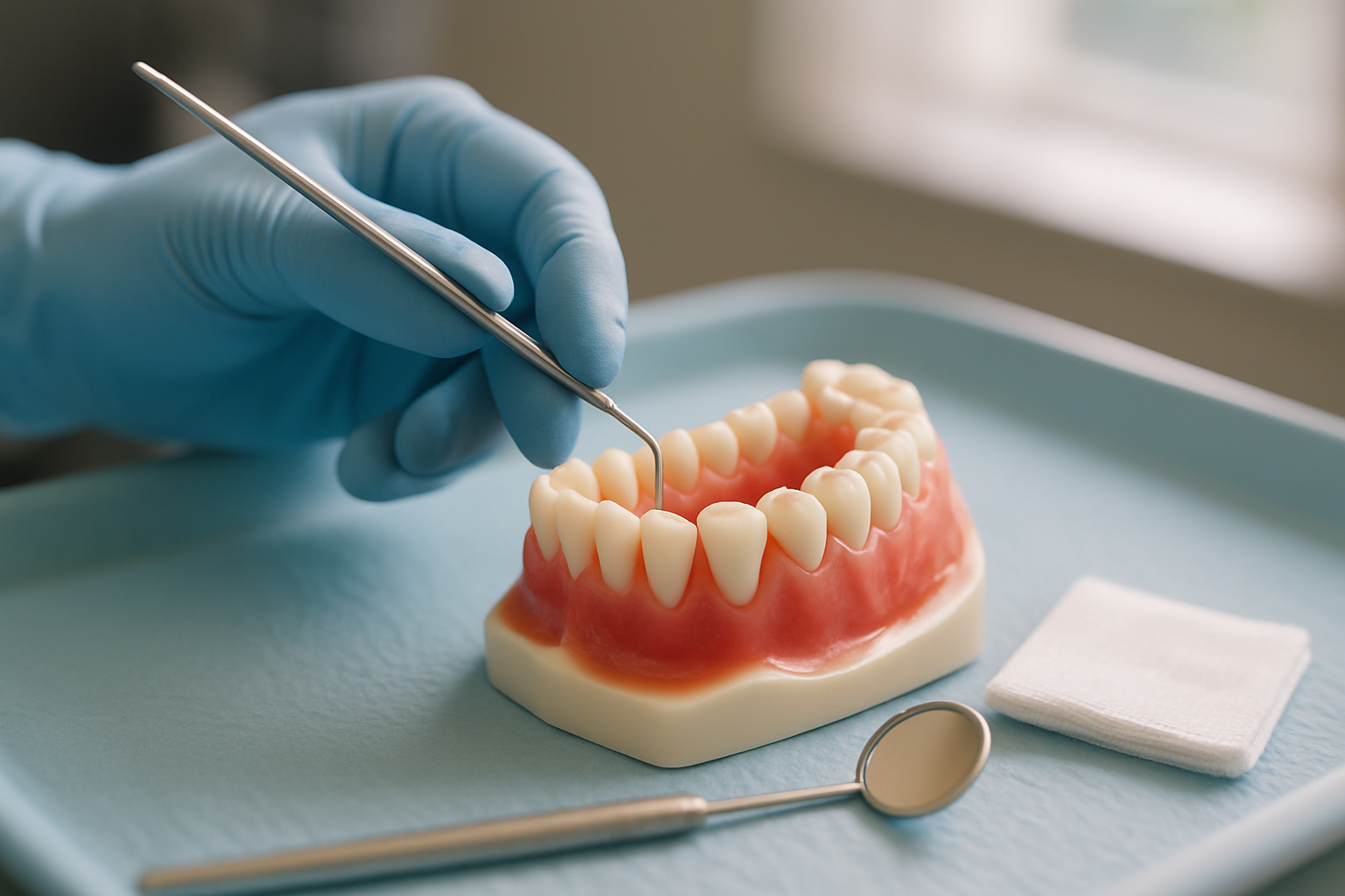 Gloved hands measuring gum pockets on a dental model with a periodontal probe on a treatment tray