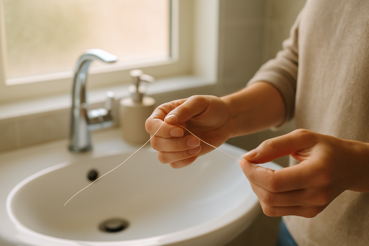 Hands holding dental floss over a bathroom sink, preparing to floss teeth in morning light