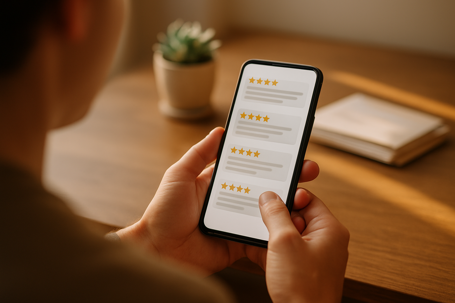 Hands scrolling through a blurred list of online reviews on a smartphone at a home desk