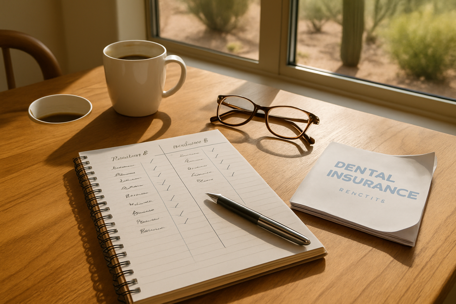 Notebook with handwritten comparison columns, coffee, and an insurance booklet on a sunlit kitchen table