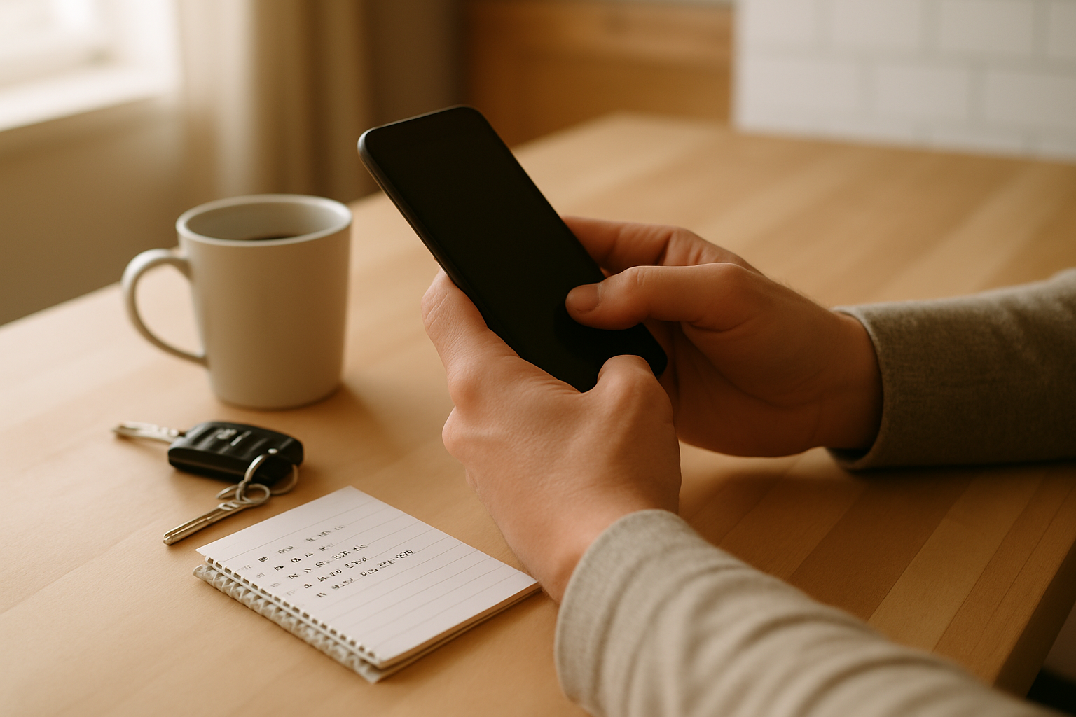 Adult hands holding a phone at a kitchen counter beside a notepad, preparing to call a dental office