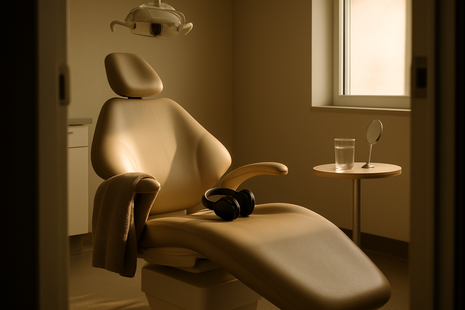 Empty dental chair with a folded blanket and headphones on the seat in a calm, sunlit treatment room