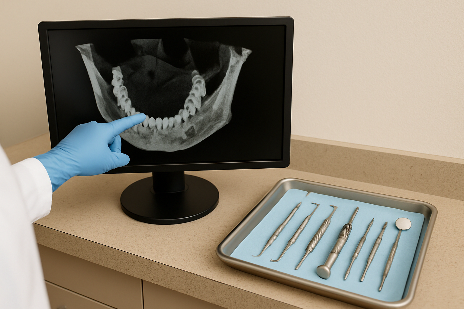 How Long Does a Dental Implant Take From Start to Finish? 1 Gloved hand pointing at a 3D jaw scan on a monitor next to a tray of dental implant instruments