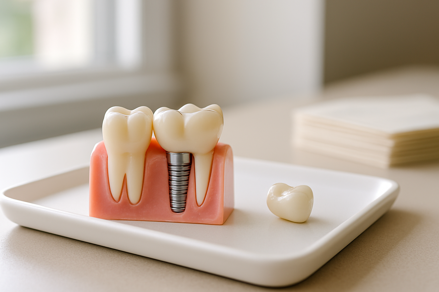 Dental model showing a titanium implant post in the jaw with a separate porcelain crown resting on a tray