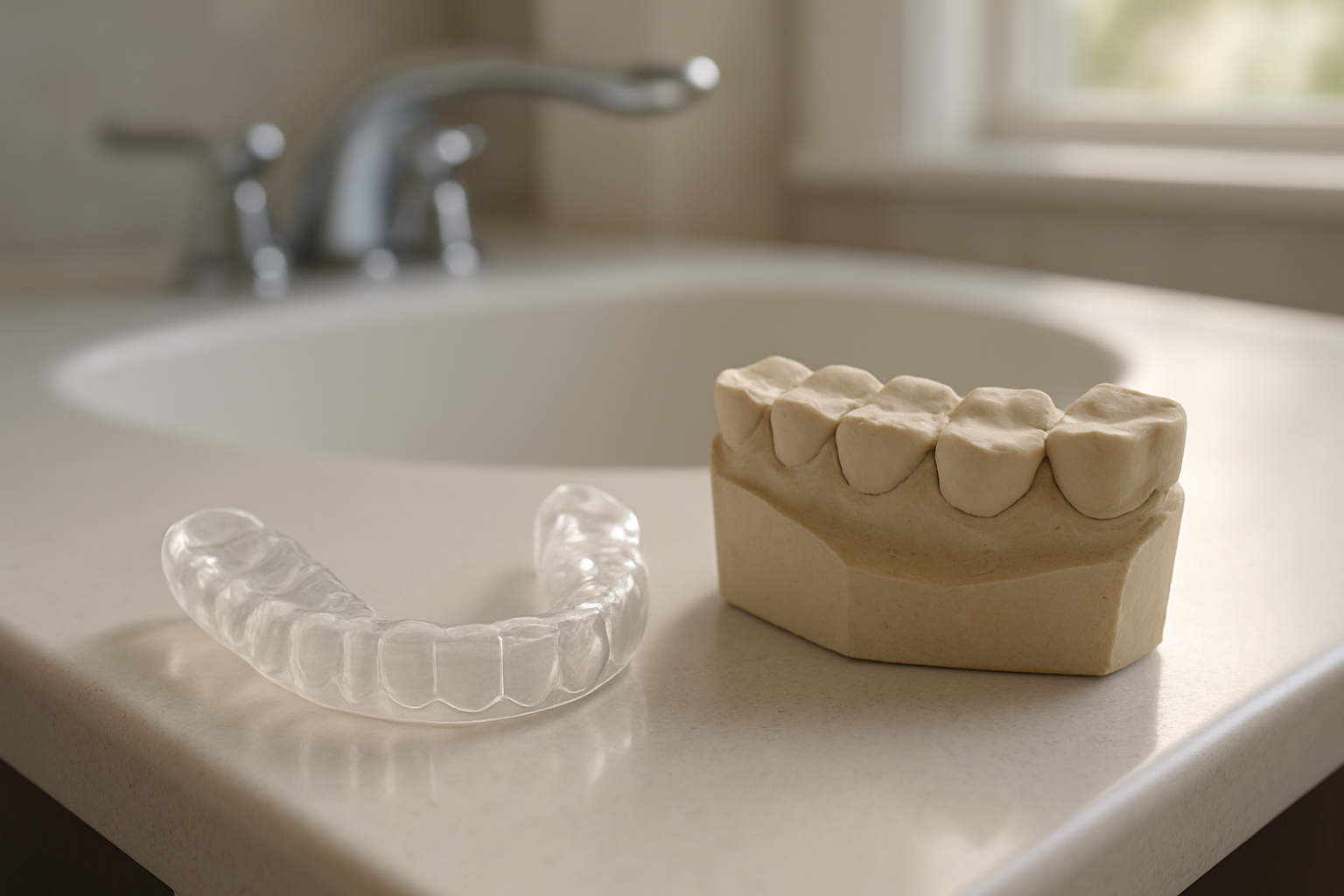 How Long Should a Crown Really Last Before You Replace It? 1 Clear night guard on a counter beside a dental model showing flattened, worn molars from grinding