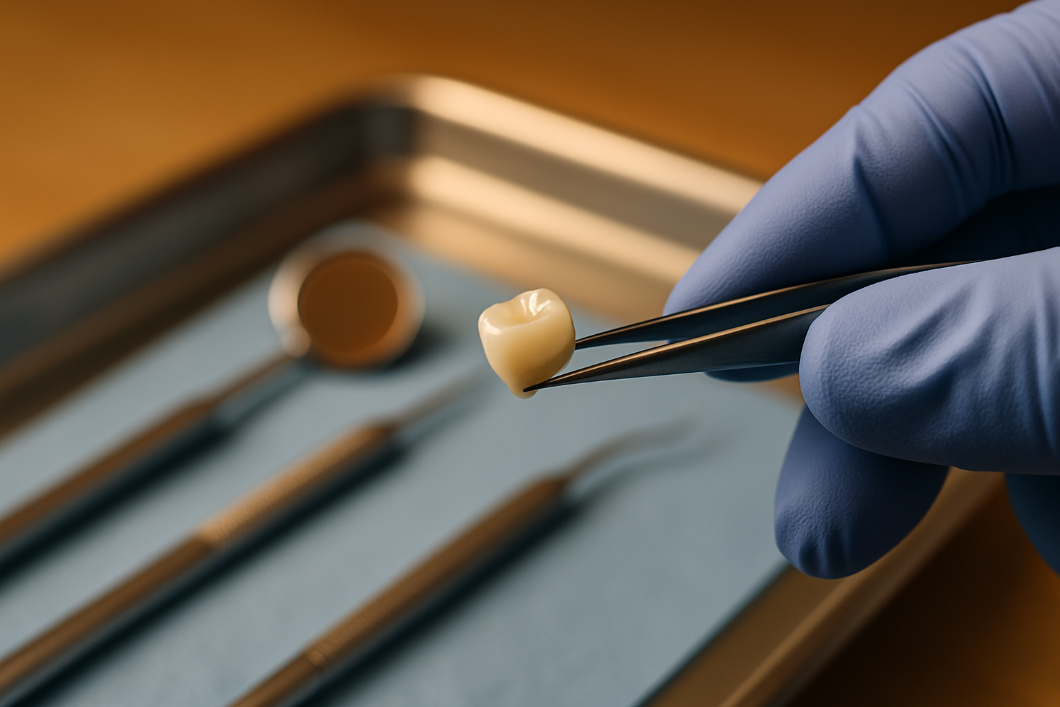 Gloved hand holding a small zirconia with tweezers above a dental instrument tray