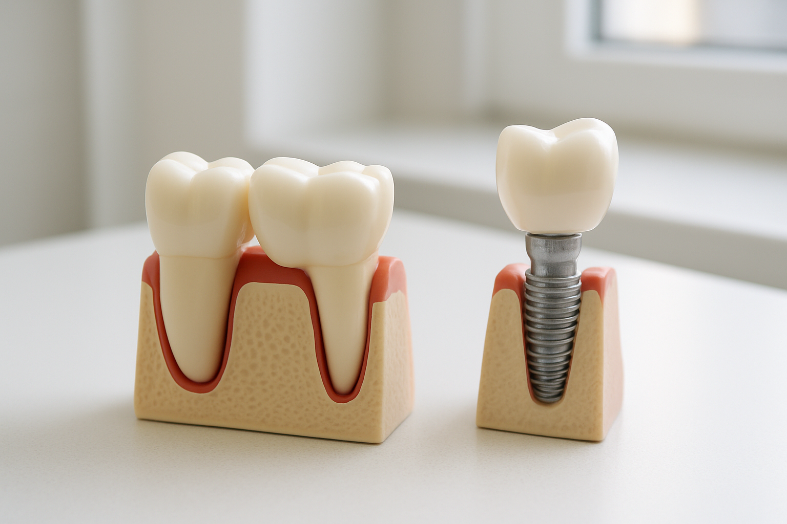 Implant or Bridge: How Do You Actually Choose Between Them? 1 Teaching models comparing a three-tooth bridge anchored to neighboring teeth with a standalone dental implant