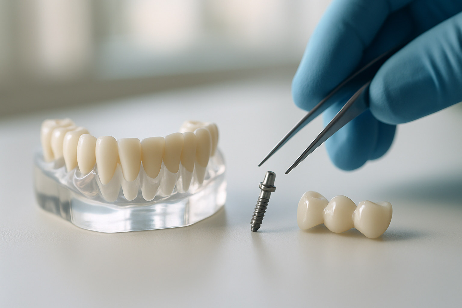 Dental model with a titanium implant post next to a porcelain bridge, showing the two