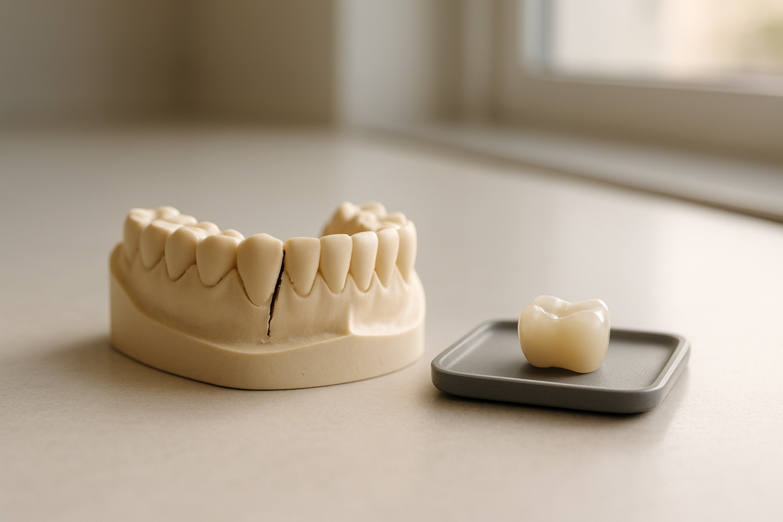 Same-Day Crowns Sound Great. So Why Can't Everyone Get One? 1 Dental model showing a molar with a fracture extending below the gumline next to a finished crown