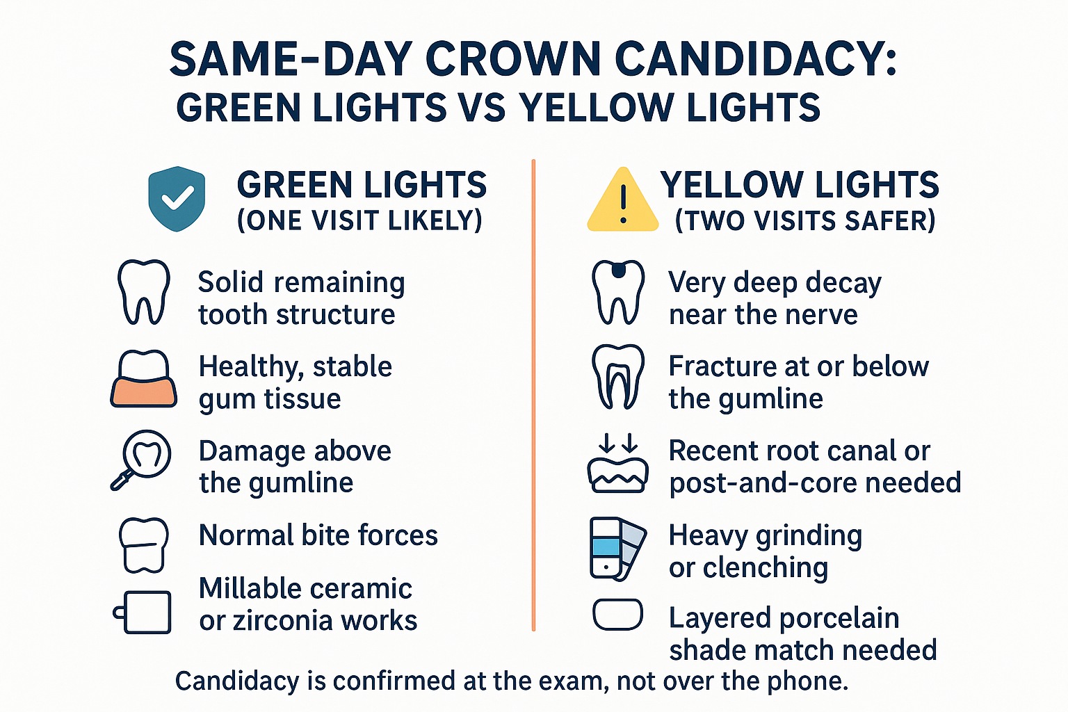 Same-Day Crowns Sound Great. So Why Can't Everyone Get One? 2 Infographic comparing green light and yellow light factors for same-day candidacy