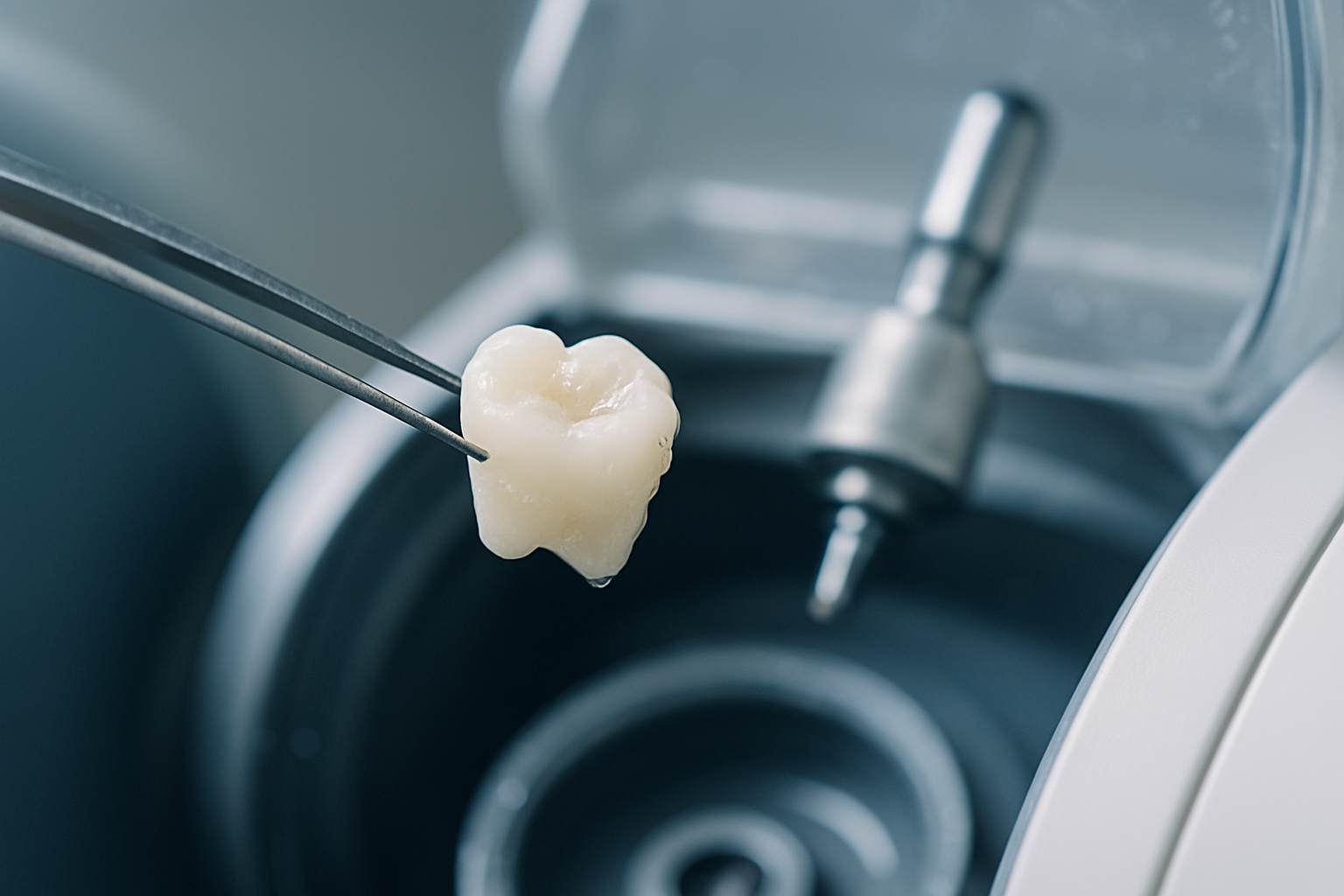 Freshly milled ceramic crown held in tweezers above a chairside milling unit chamber