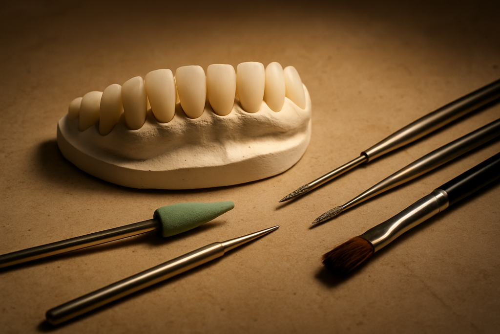 Smile Makeover Costs in Scottsdale: What Drives the Number 1 Porcelain veneer shells lined up on a stone dental model at a lab bench, showing what drives cost