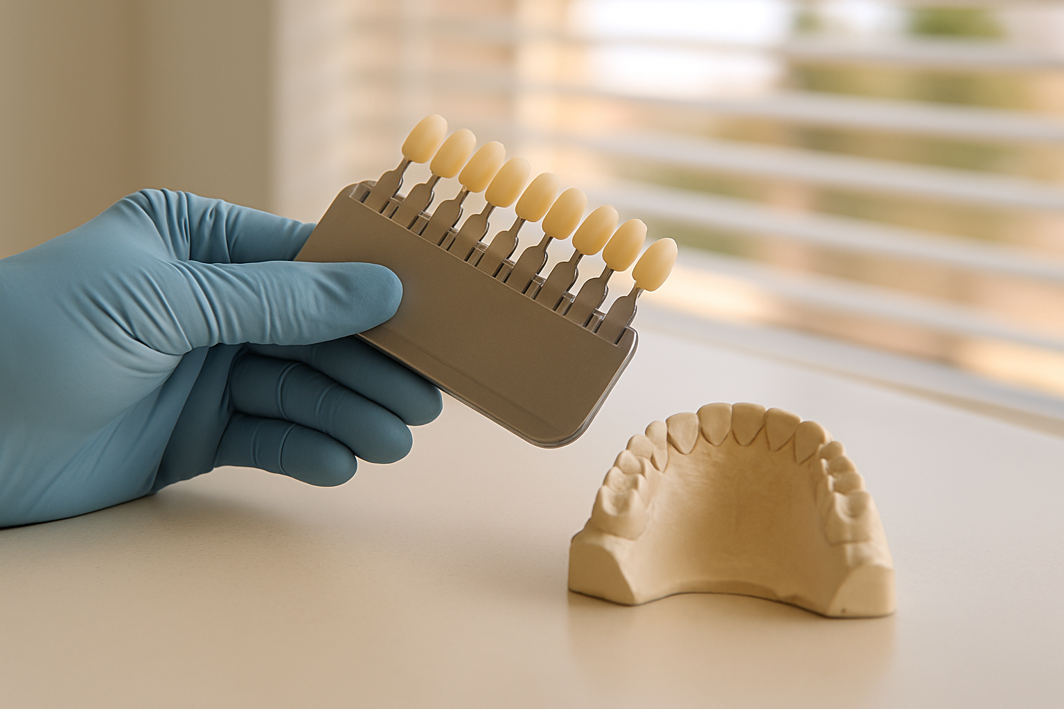 Smile Makeover Costs in Scottsdale: What Drives the Number 1 Gloved hand holding a tooth shade guide next to a stone dental model on a bright countertop