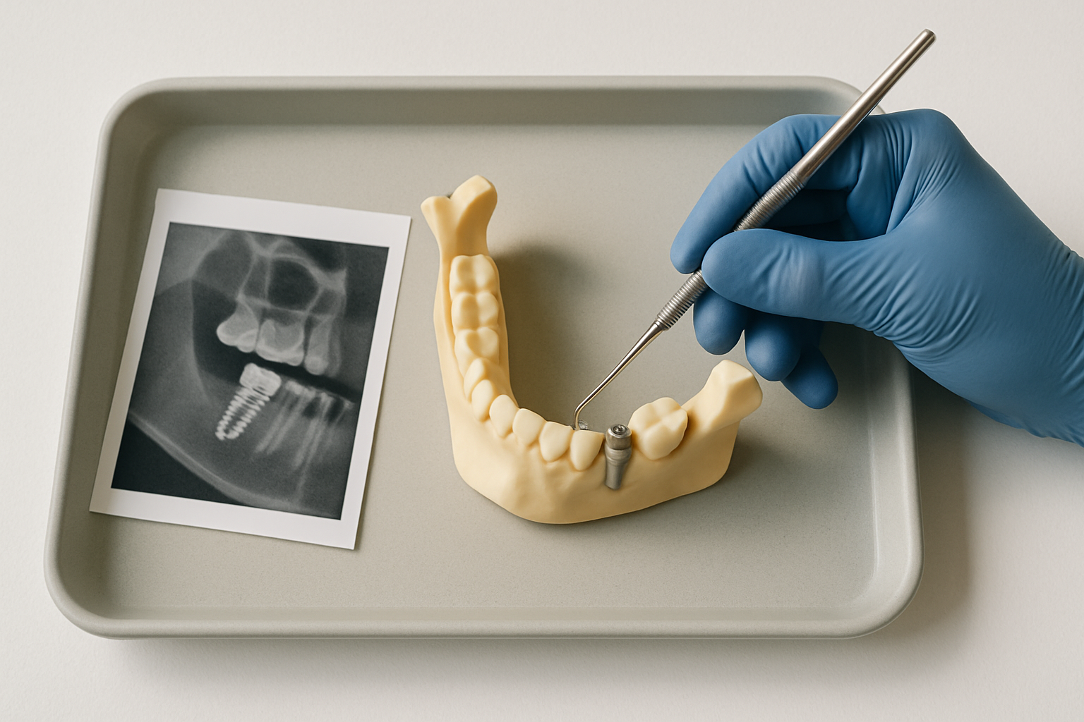 Overhead view of a periodontal probe, jaw bone model, and cross-section jaw scan on a dental tray