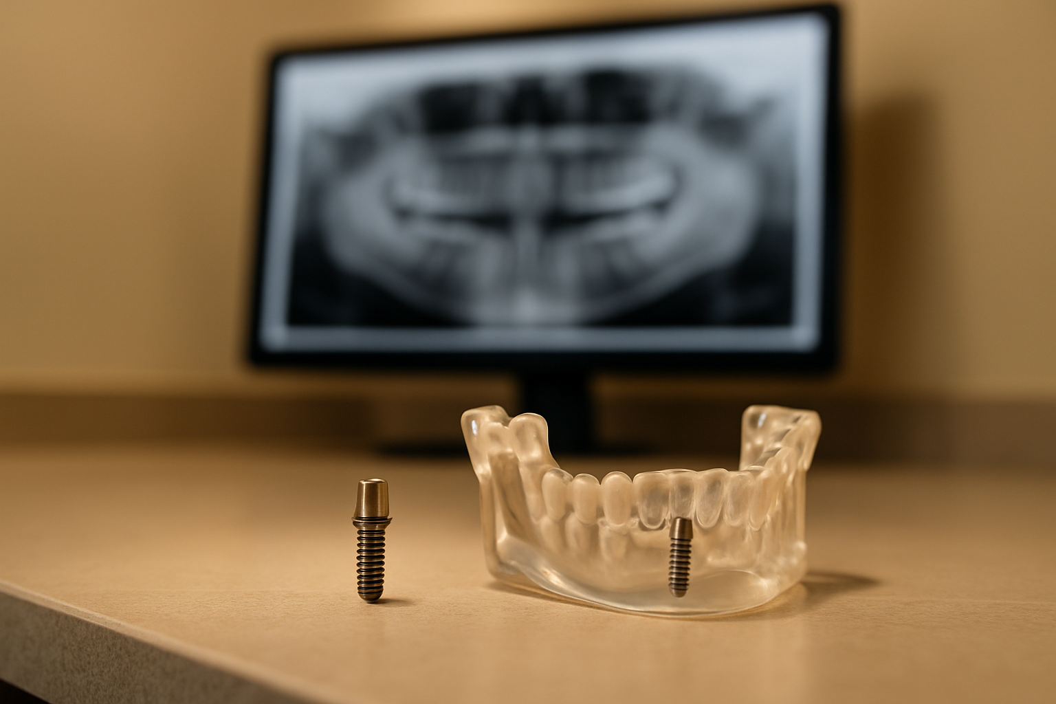 Titanium dental implant post and clear jaw model on a dental counter with a jaw scan on screen behind